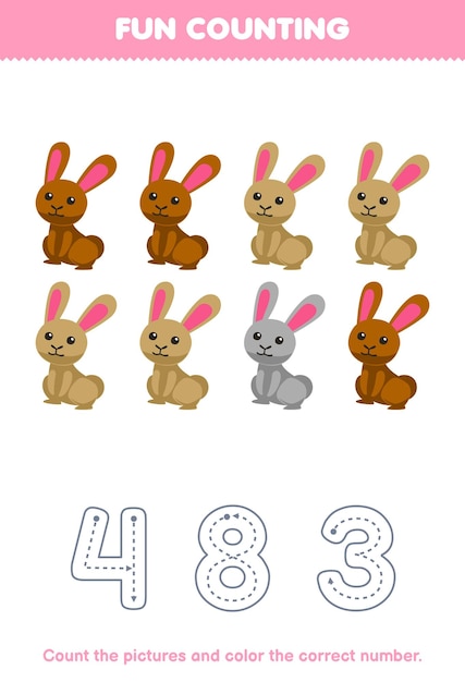 어린이를 위한 교육 게임은 귀여운 만화 토끼 인쇄 가능한 농장 워크시트에서 그림을 세고 정확한 숫자를 색칠합니다.