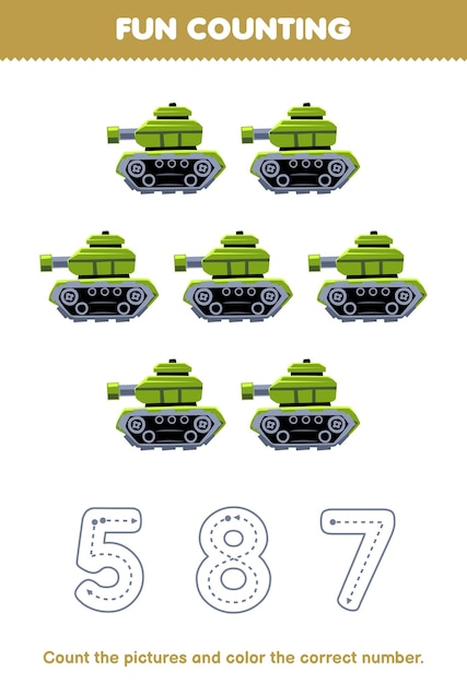 Education game for children count the pictures and color the correct number from cute cartoon tank printable transportation worksheet