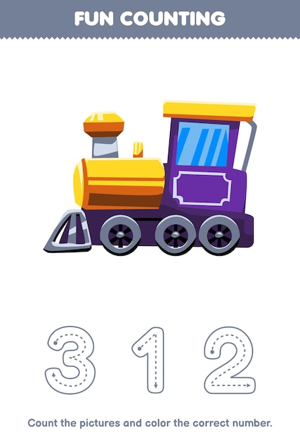 子供向けの教育ゲームは、かわいい漫画の列車機関車の印刷可能な輸送ワークシートから、絵を数え、正しい数に色を塗ります