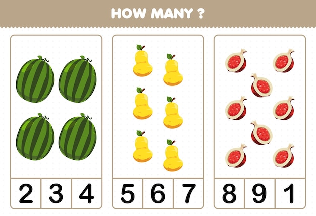 Education game for children counting how many cartoon fruits watermelon pear pomegranate