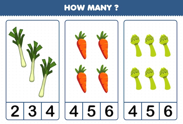 Education game for children counting how many cartoon vegetables leek carrot asparagus