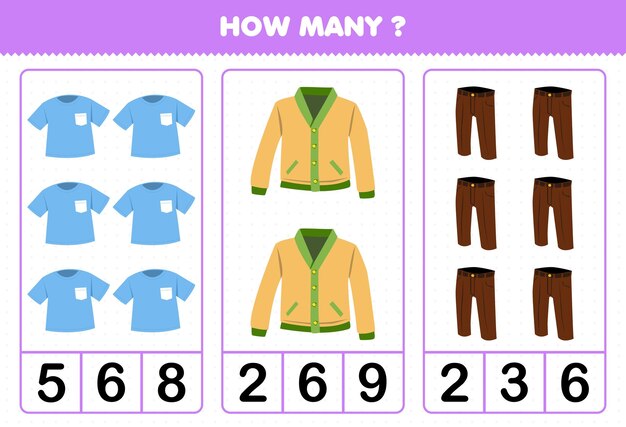 Education game for children counting how many cartoon wearable clothes t shirt cardigan trouser