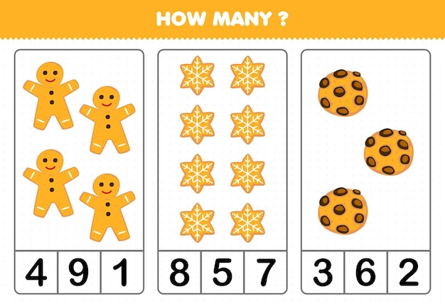 Education game for children counting how many cute cartoon gingerbread cookie printable winter worksheet