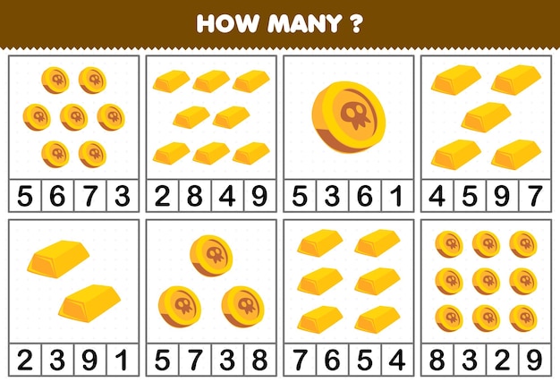 Education game for children counting how many cute cartoon gold coin in each table printable pirate worksheet