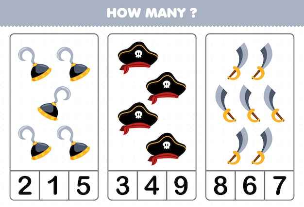 얼마나 많은 귀여운 만화 갈고리 모자와 칼 인쇄 가능한 해적 워크시트를 세는 어린이를 위한 교육 게임
