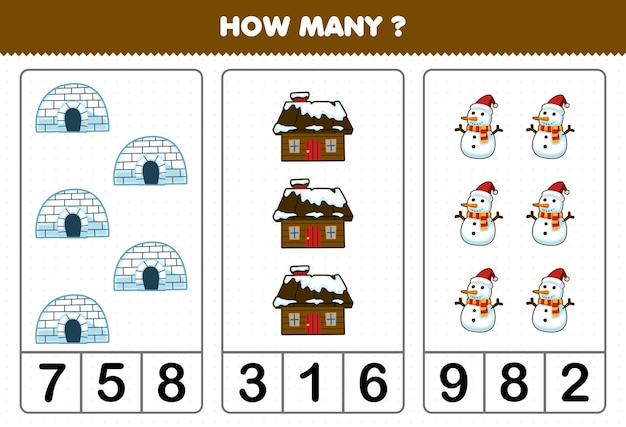 Education game for children counting how many cute cartoon igloo house snowman printable winter worksheet