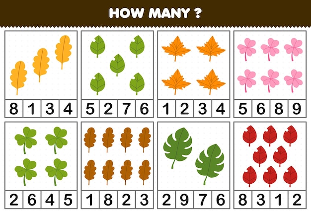 Education game for children counting how many cute cartoon leaf in each table printable nature worksheet