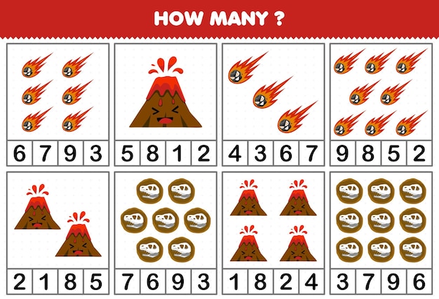 Education game for children counting how many cute cartoon meteor volcano or fossil in each table printable nature worksheet