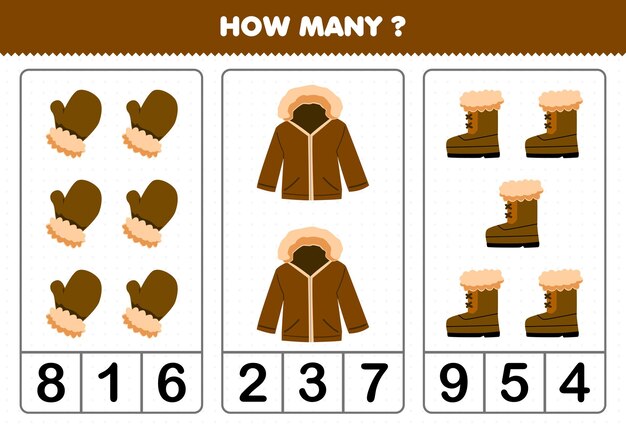 Education game for children counting how many cute cartoon mitten jacket boot printable winter worksheet