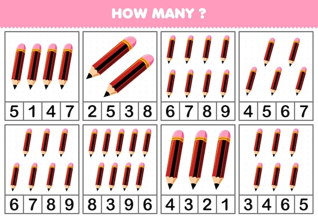 Education game for children counting how many cute cartoon pencil in each table printable tool worksheet