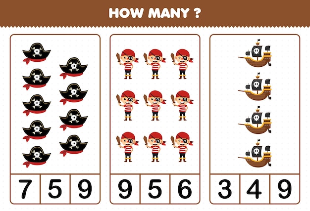 Education game for children counting how many cute cartoon pirate boy costume hat and ship halloween printable worksheet