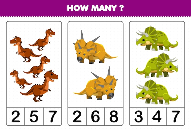 Education game for children counting how many cute cartoon prehistoric dinosaur with horn