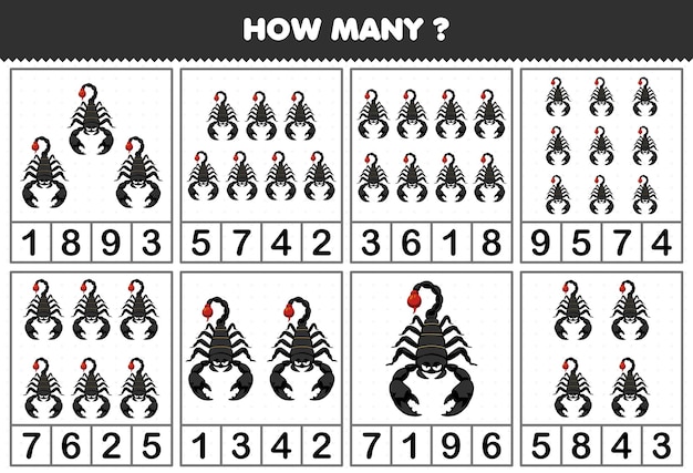 Education game for children counting how many cute cartoon scorpion in each table printable bug worksheet