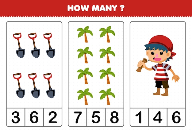 かわいい漫画のシャベルの木と男の子の印刷可能な海賊ワークシートの数を数える子供向けの教育ゲーム