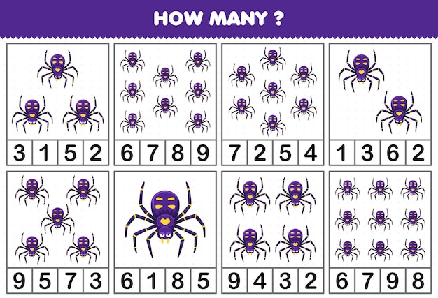 Education game for children counting how many cute cartoon spider in each table printable bug worksheet