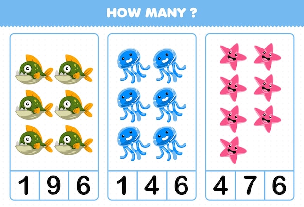 Education game for children counting how many cute cartoon underwater animal piranha fish jellyfish starfish