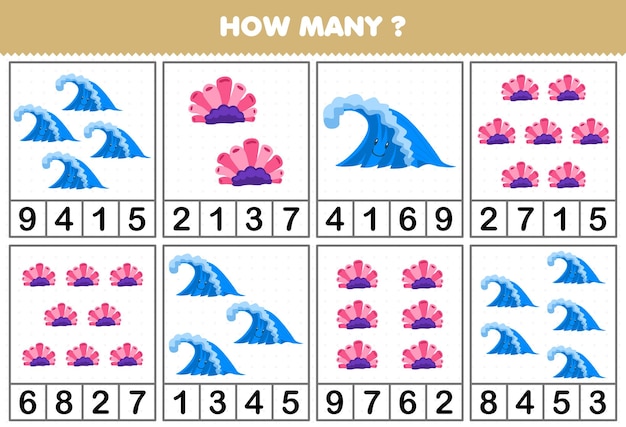 Education game for children counting how many cute cartoon wave or coral in each table printable nature worksheet