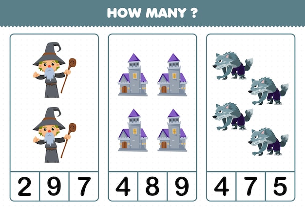 얼마나 많은 귀여운 만화 마법사 의상 성 및 늑대 인간 할로윈 인쇄용 워크 시트를 세는 어린이를위한 교육 게임