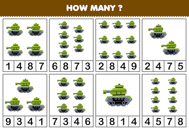 Education game for children counting how many objects in each table of cartoon tank military transportation vehicle printable worksheet