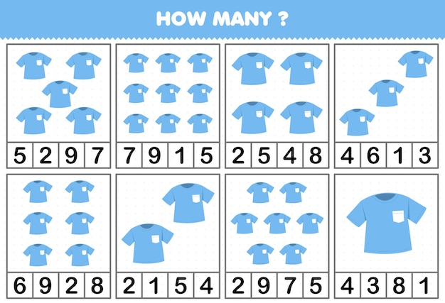漫画の着用可能な服の各テーブルにいくつのオブジェクトがあるかを数える子供向けの教育ゲーム青い t シャツの印刷可能なワークシート