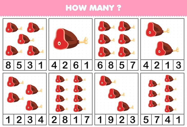 Education game for children counting how many objects in each table of cute cartoon ham meat printable worksheet