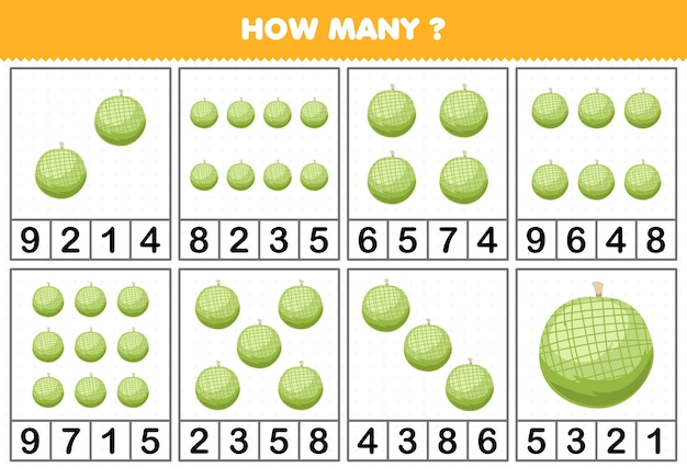 Education game for children counting how many objects in each table of cute cartoon melon fruit printable worksheet