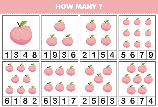 Education game for children counting how many objects in each table of cute cartoon peach fruit printable worksheet