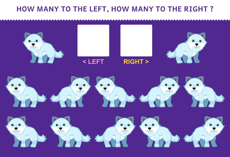 Vector education game for children of counting left and right picture of cute cartoon arctic fox printable winter worksheet