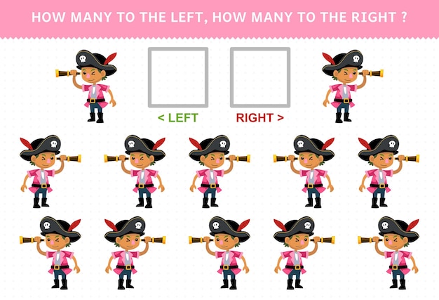Образовательная игра для детей по подсчету левого и правого изображения милого мультяшного мальчика с подзорной трубой для распечатки пиратского листа