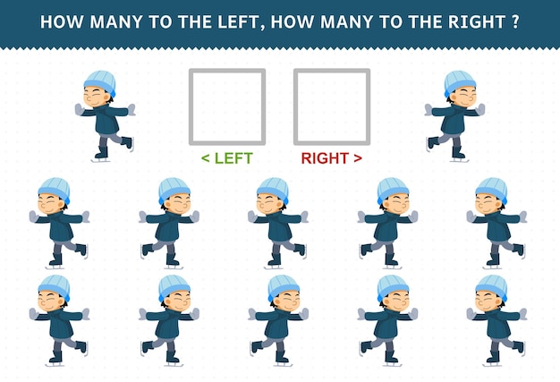 Education game for children of counting left and right picture of cute cartoon boy playing ice skating printable winter worksheet