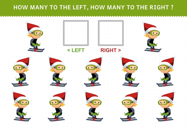 Education game for children of counting left and right picture of cute cartoon boy playing ski printable winter worksheet