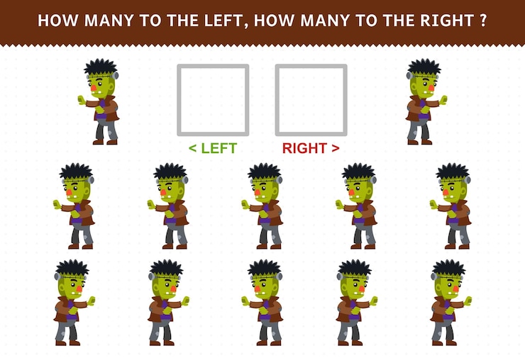 Vector education game for children of counting left and right picture of cute cartoon frankenstein costume halloween printable worksheet
