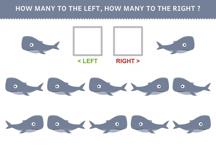 Vector education game for children of counting left and right picture of cute cartoon whale printable underwater worksheet
