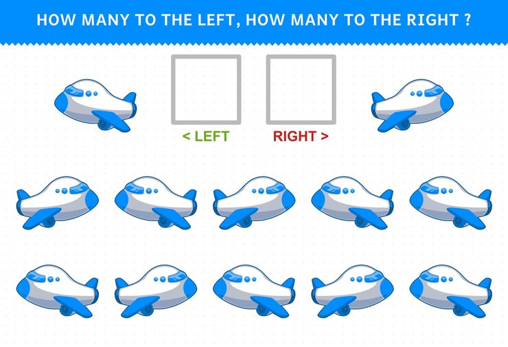 Vector education game for children of counting left and right picture with cute cartoon plane