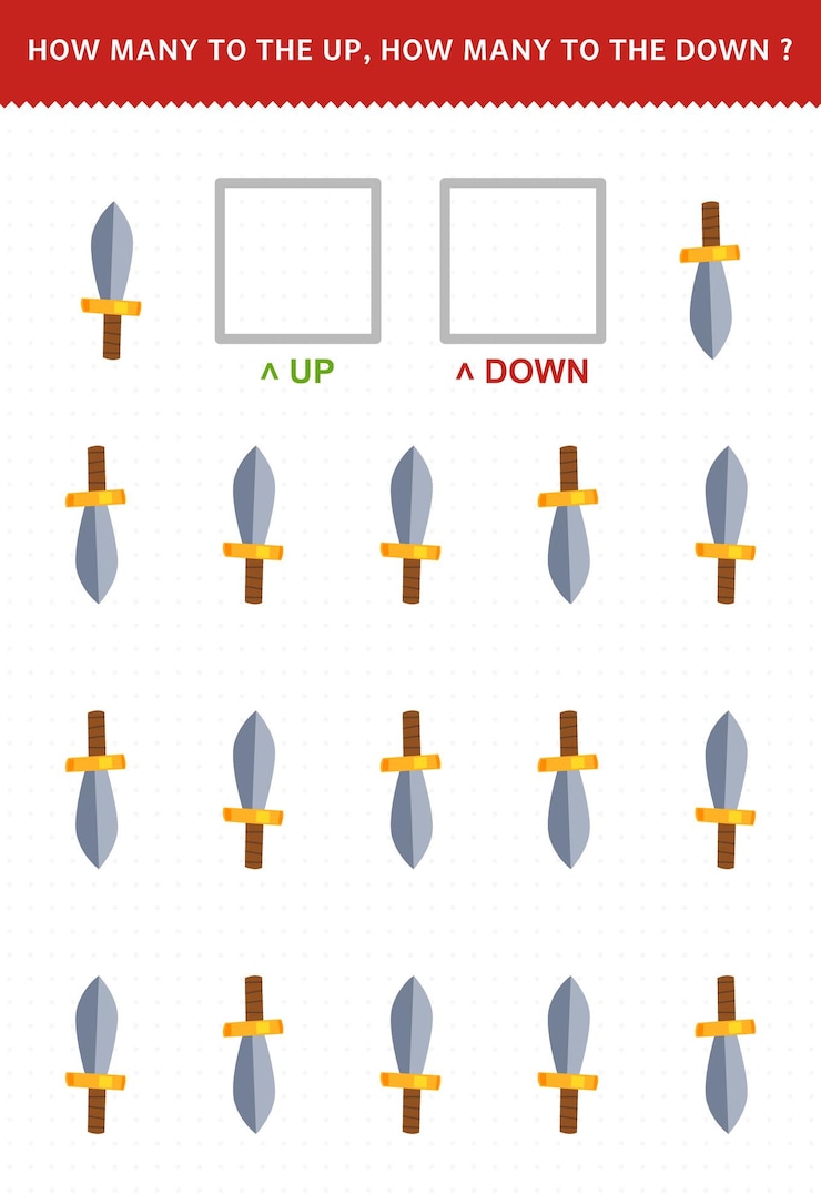 Vector education game for children of counting up and down picture of cute cartoon sword printable pirate worksheet