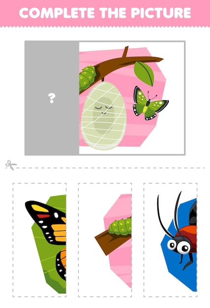 Education game for children cut and complete the correct picture of cute cartoon cocoon printable bug worksheet