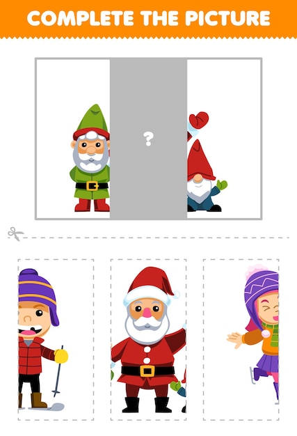 Education game for children cut and complete the correct picture of cute cartoon dwarf and santa printable winter worksheet