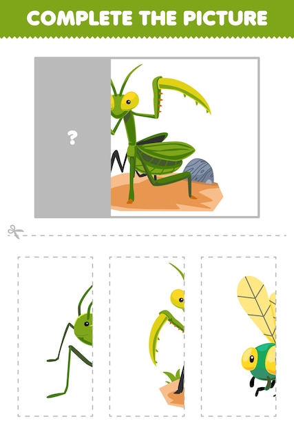 Education game for children cut and complete the correct picture of cute cartoon mantis printable bug worksheet