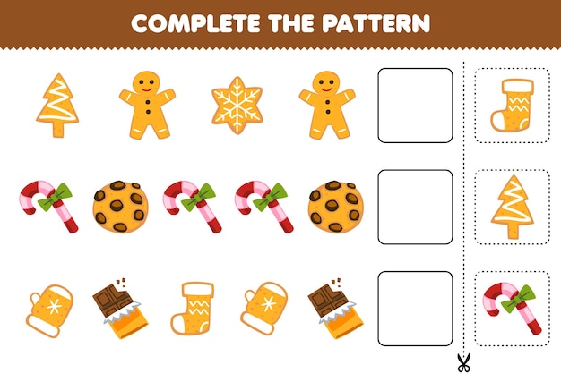 어린이를 위한 교육 게임은 귀여운 만화 진저브레드 쿠키 캔디 초콜릿 워크시트에서 각 행의 패턴을 자르고 완성합니다.
