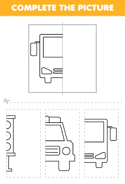 Il gioco educativo per bambini taglia e completa l'immagine del simpatico mezzo bus dei cartoni animati per colorare il foglio di lavoro di trasporto stampabile