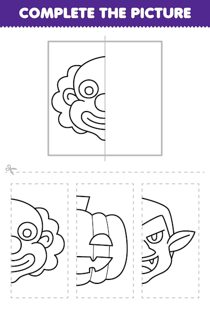 Education game for children cut and complete the picture of cute cartoon clown head half outline for coloring printable halloween worksheet