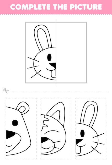 어린이를 위한 교육 게임은 인쇄 가능한 동물 워크시트를 색칠하기 위한 귀여운 만화 토끼 머리 반 개요의 그림을 자르고 완성합니다.