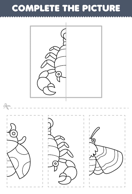 子供のための教育ゲーム可愛いアニメのカタツムリの絵をカットして完成させ印刷可能なバグのワークシートをカラーするための半分概要