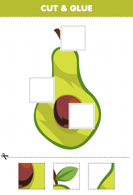 Education game for children cut and glue cut parts of cartoon fruit avocado and glue them printable worksheet