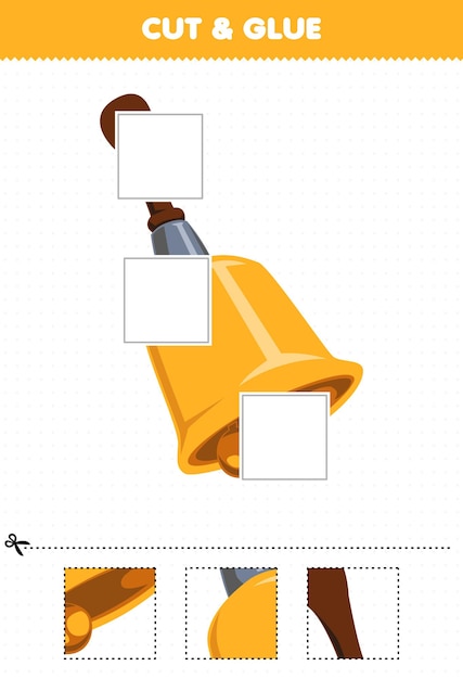 어린이를 위한 교육 게임은 만화 음악 악기 벨의 일부를 잘라서 붙이고 인쇄용 워크시트에 붙입니다.