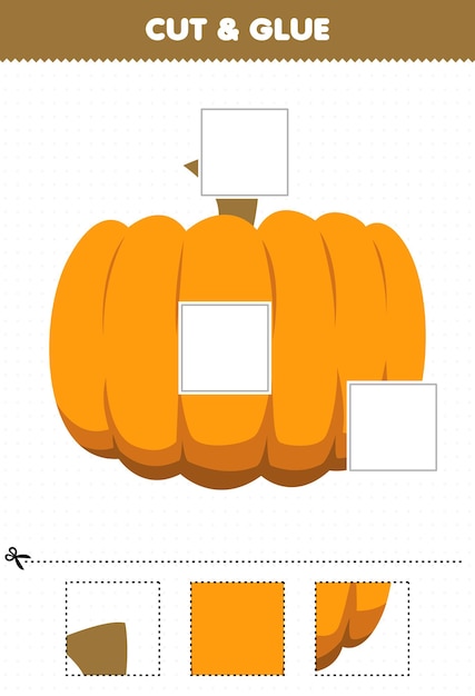 Vettore gioco educativo per bambini taglia e incolla parti tagliate di zucca vegetale cartone animato e incollale foglio di lavoro stampabile