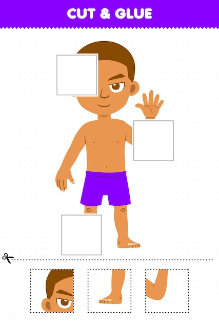 어린이를 위한 교육 게임은 귀여운 만화 소년 해부학 인쇄용 워크시트의 일부를 잘라서 붙입니다.