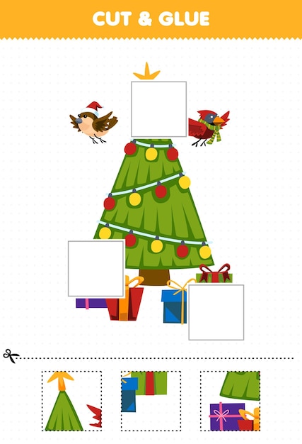 Education game for children cut and glue cut parts of cute cartoon christmas tree and glue them printable winter worksheet