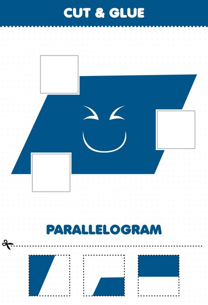 Gioco educativo per bambini, taglia e incolla parti di un parallelogramma a forma geometrica di simpatici cartoni animati e incollale su un foglio di lavoro stampabile