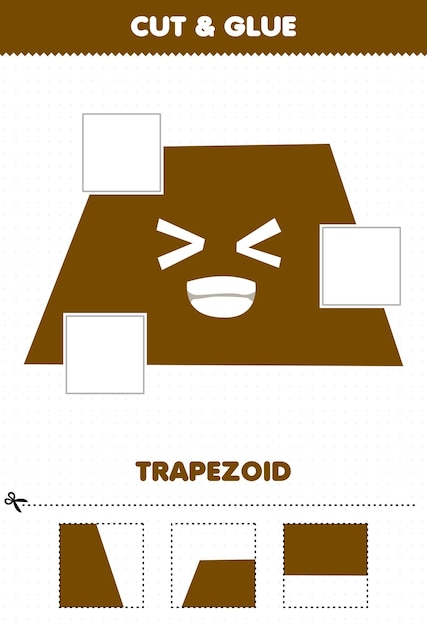 Education game for children cut and glue cut parts of cute cartoon geometric shape trapezoid and glue them printable worksheet